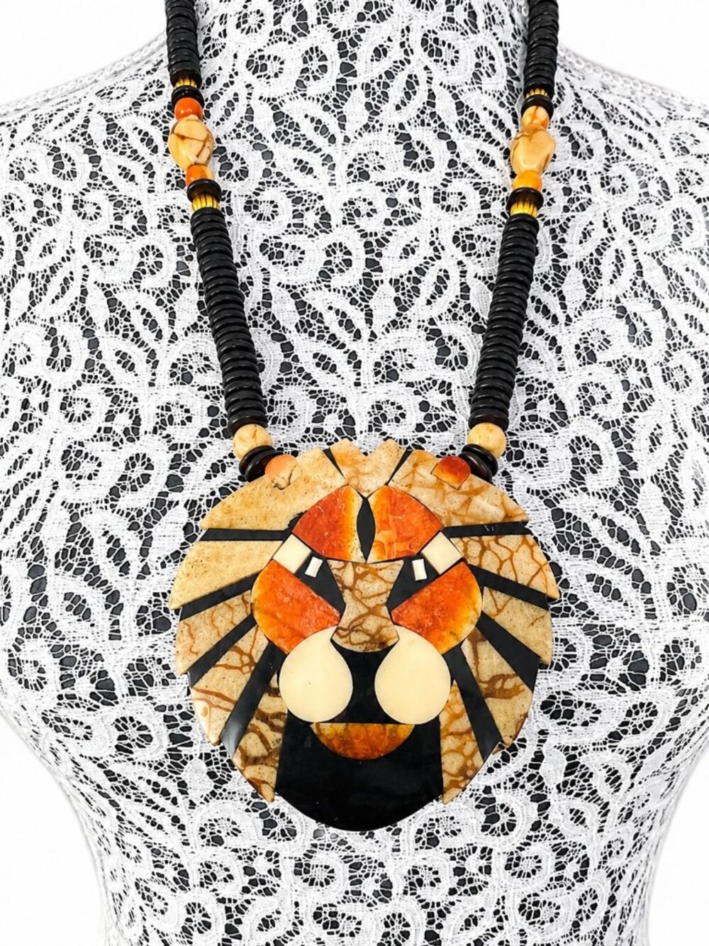 Lee Sands Coral and Onyx Inlaid Mosaic Lion Pendant Necklace